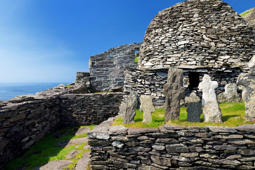 Skellig Michael or Great Skellig, home to the ruined remains of a Christian monastery. Inhabited by variety of seabirds, including gannets and puffins. UNESCO World Heritage Site, Ireland.