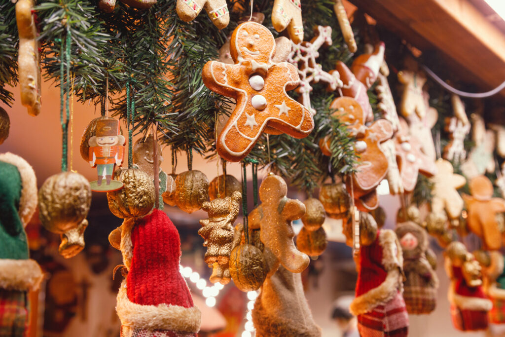 Christmas decorations at Christmas market stall