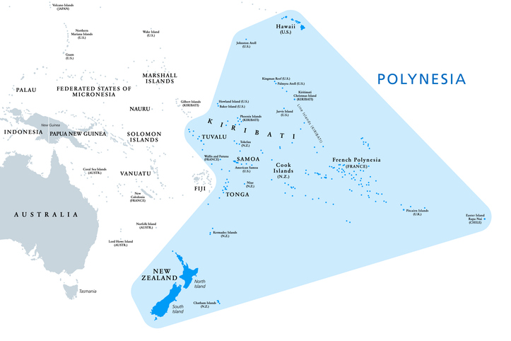 Polynesia, subregion of Oceania, political map. A region, made up of more than 1000 islands scattered over the central and southern Pacific Ocean. English. Illustration on white background. Vector.