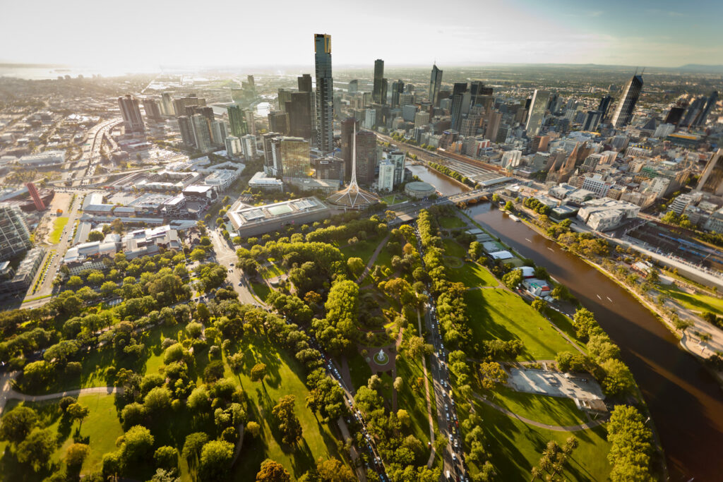 Aerial view of Melbourne Australia at sunset with landmarks