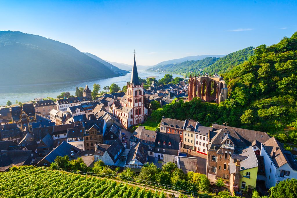 Bacharach aerial panoramic view. Bacharach is a small town in Rhine valley in Rhineland-Palatinate, Germany
