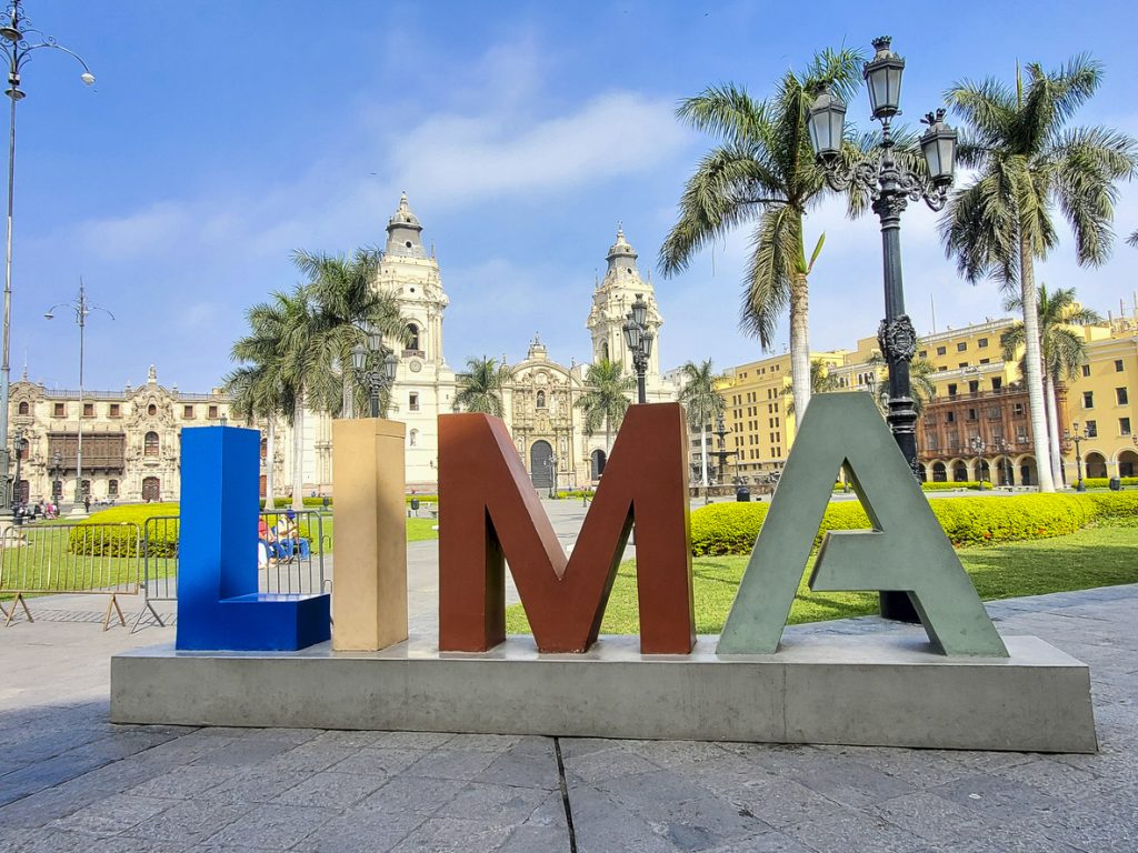 Lima, Peru, Archbishop Palace on colonial Central plaza Mayor or Plaza de Armas in historic center