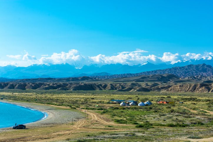 Beautiful southern shore of Lake Issyk-Kul in the summer day, Kyrgyzstan.